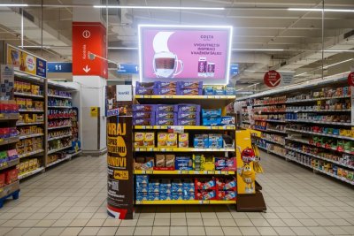 Prodejní plocha s digitální obrazovkou v Tesco.