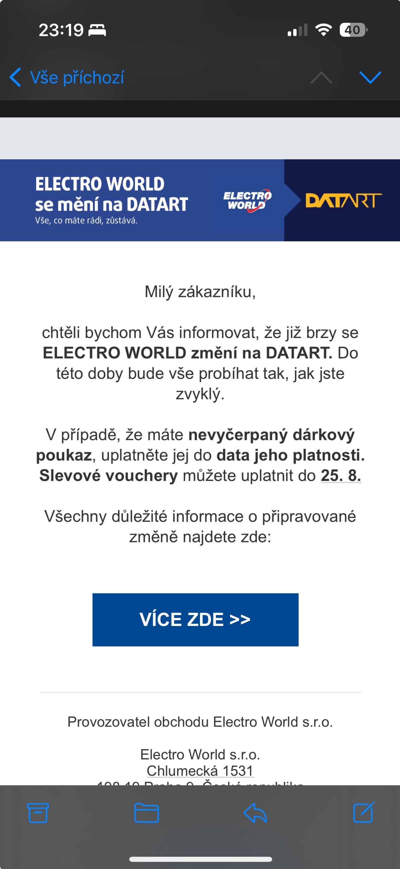 Mailová komunikace k ukončení Electro World