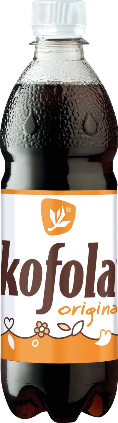Plastová láhev Kofola s oranžovo-bílou etiketou a bílým víčkem