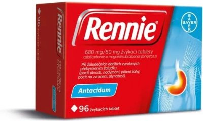 Červeno-modrá krabička s pilulkami Rennie