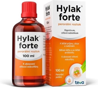 Jantarová tekutina v lahvičce s bílo-oranžovou etiketou Hylak Forte