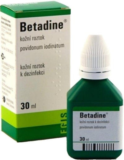 Bílo-zelené balení roztoku Betadine