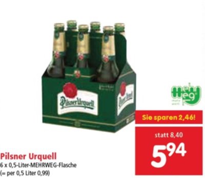 Balení 6 piv Pilsner Urquell v rakouském letáku Interspar za 5,94 eur