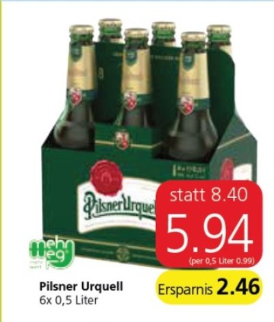 Balení 6 piv Pilsner Urquell v rakouském letáku Eurospar za 5,94 eur