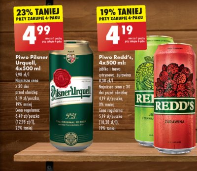 Plechovka piva Pilsner Urquell v polském letáku Biedronka za 4,99 eur