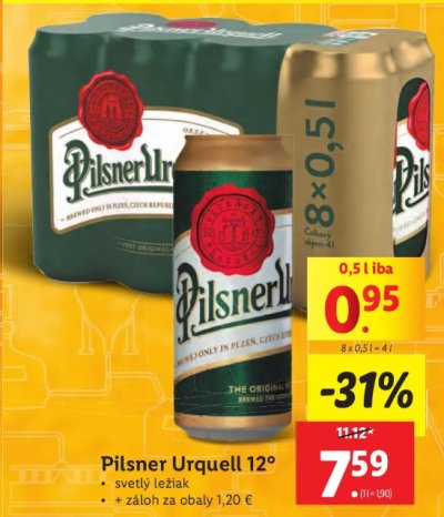Plechovka piva Pilsner Urquell ve slovenském letáku Lidl za 0,95 eura