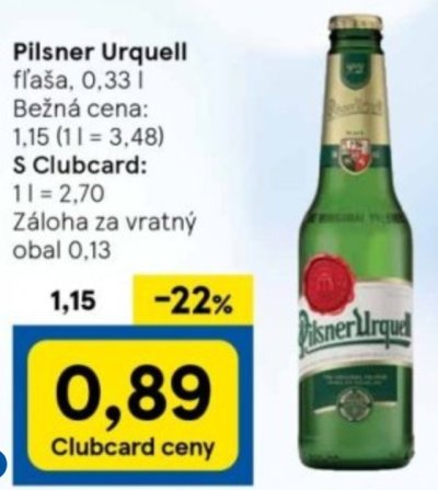 Láhev Pilsner Urquell 0,3 l ve slovenském letáku Tesco za 0,89 eura s kartou Clubcard