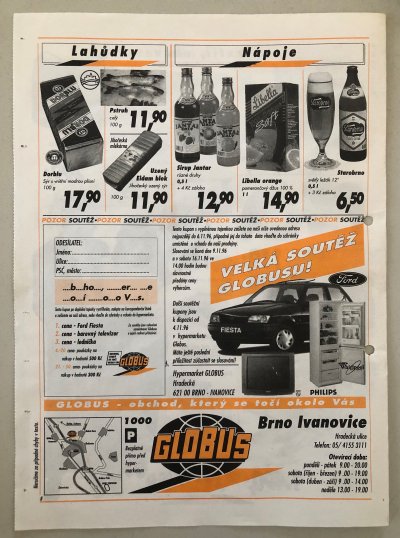 První černobílý leták společnosti Globus z roku 1996.