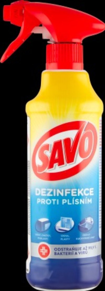 Žluto-modro-červený dezinfekční sprej Savo