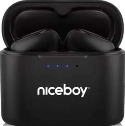 Černá bezdrátová sluchátka v krabičce s bílým nápisem Niceboy