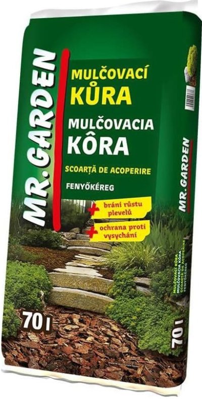 Hnědý pytel s mulčovací kůrou a obrázky květin