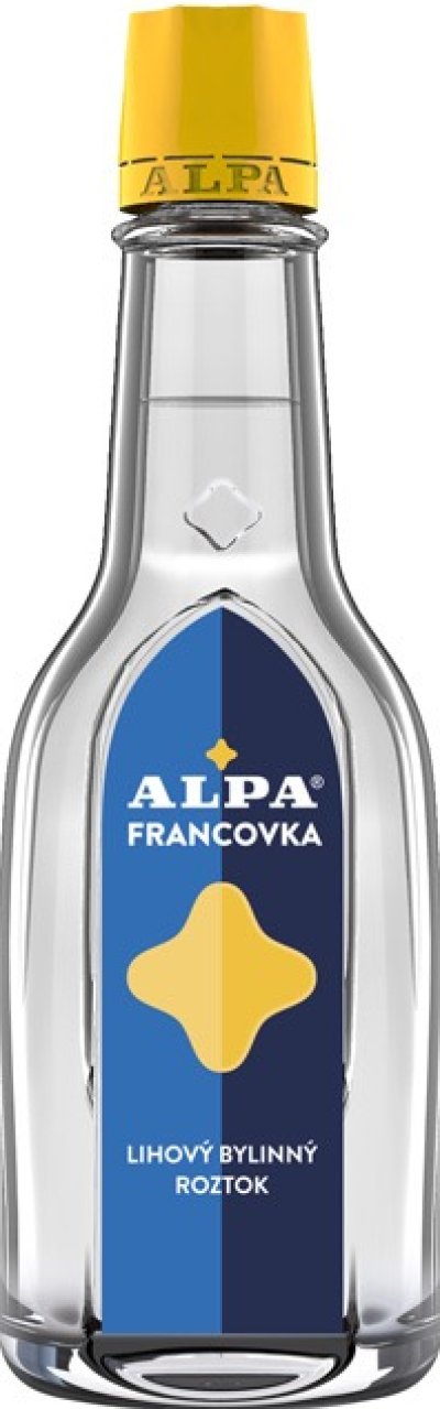Modro-žlutá etiketa skleněné lahvičky Alpa