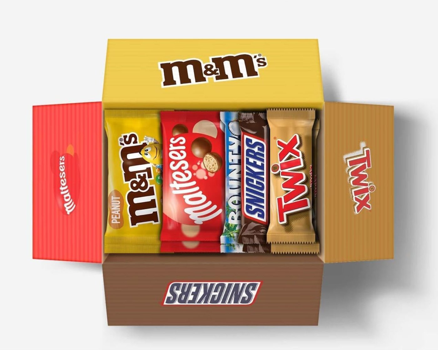 Krabička se sladkostmi značek Twix, Snickers, Bounty, Maltesers a M&M's