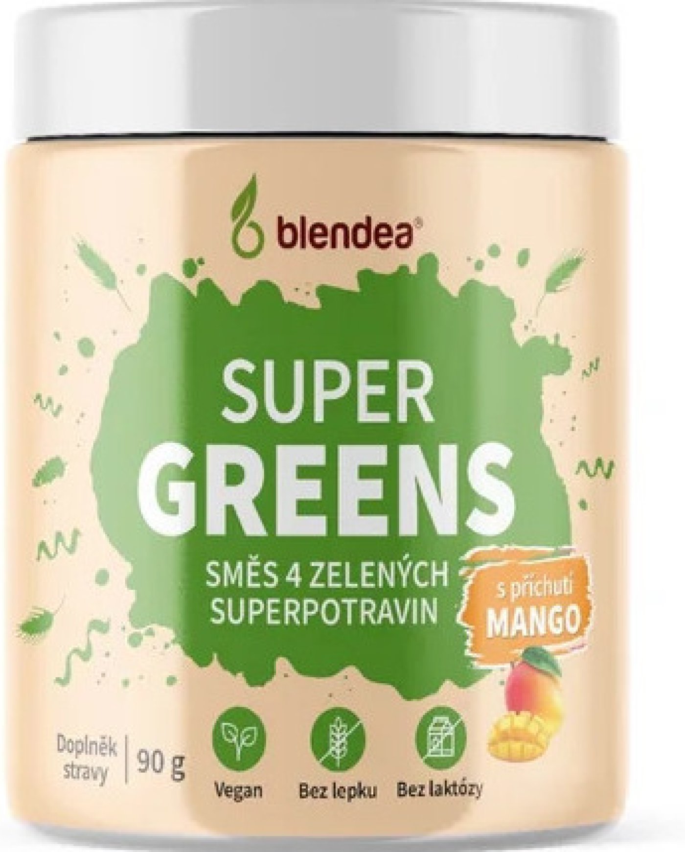 Béžovo-zelená nádoba obsahující Super Greens prášek s příchutí mango