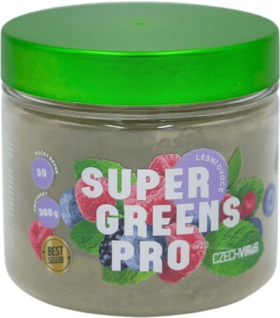 Průhledná nádoba se zeleným víčkem a Super Greens práškem uvnitř