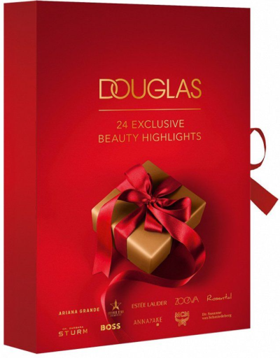 Červený adventní kalendář Douglas, na obalu je zabalený dárek