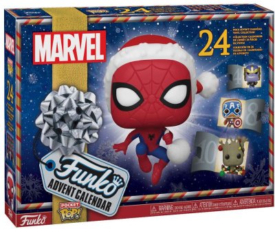 Adventní kalendář s postavičkami Funko Pop! Marvel, na přední straně je Spiderman ve vánoční čepici
