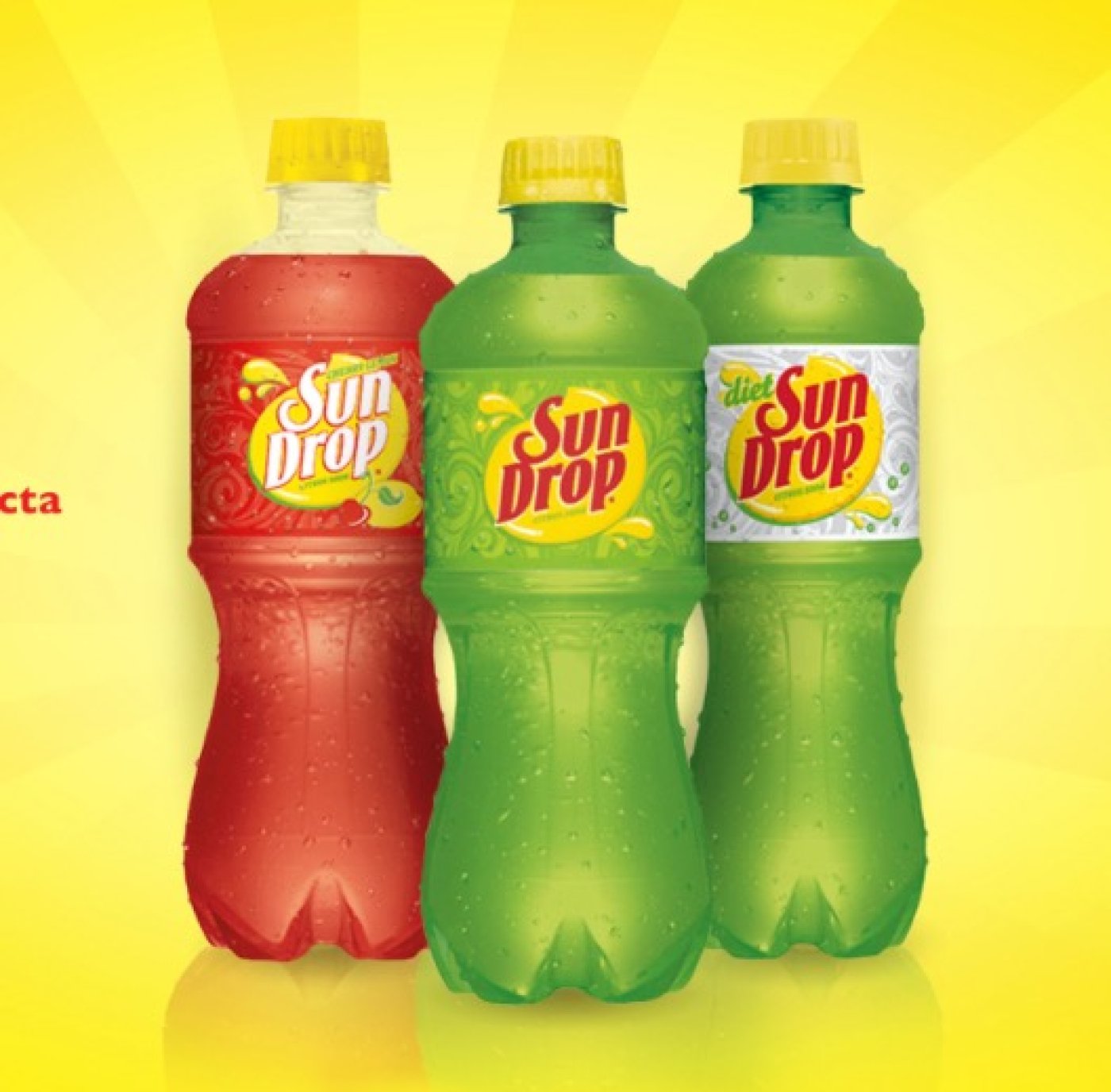 Produktová fotografie nápoje Sun Drop v červené a zelené variantě