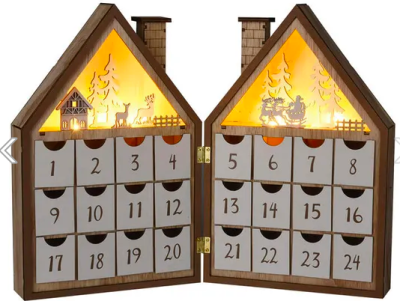 Dřevěný adventní kalendář ve tvaru domečku s šuplíčky