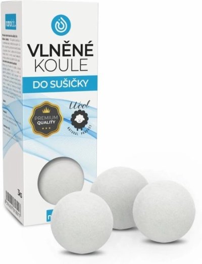 Vlněné koule do sušičky spolu s produktovým obalem