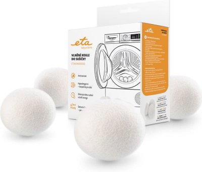 Vlněné koule do sušičky spolu s produktovým obalem