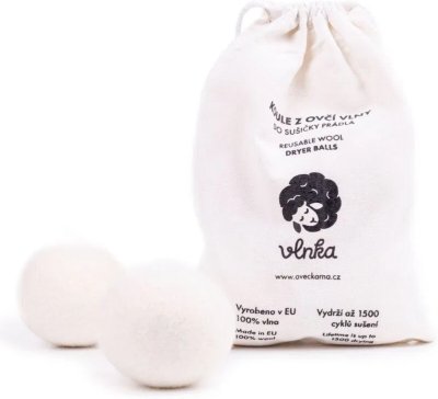 Vlněné koule do sušičky spolu s produktovým obalem