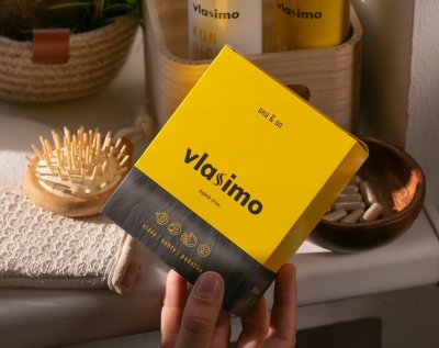 Žluto-černá krabička s názvem Vlasimo