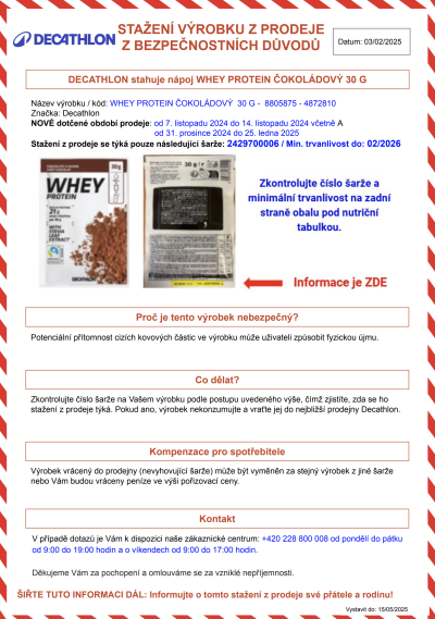 Varování: Decathlon varuje před čokoládovým proteinem WHEY PROTEIN ČOKOLÁDOVÝ 30 g, který může obsahovat kovové částice.