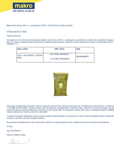 Oznámení o tom, že makro stahuje z prodeje sušenou majoránku značky Dafo kvůli nadlimitnímu obsahu alkaloidů.