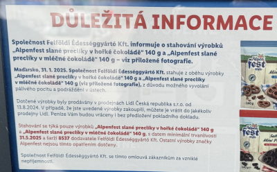 Varování řetězce Lidl, který stahuje z prodeje slané preclíky v čokoládě značky Alpenfest.