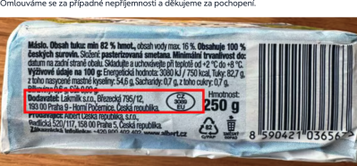 Máslo značky ČESKÁ CHUŤ 82 %, a to konkrétně v balení o hmotnosti 250 g, Výrobcem tohoto másla je společnost Lakmilk s.r.o.