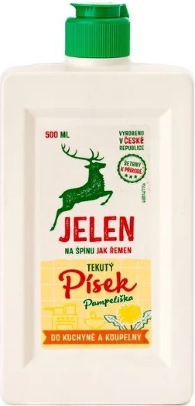 Bílá hranatá lahev se zeleným uzávěrem značky Jelen