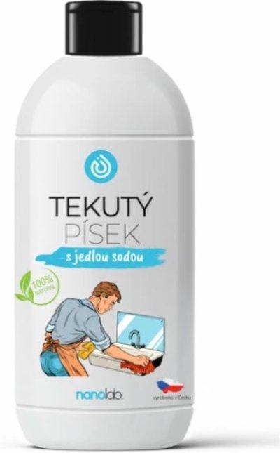 Šedá lahev s černým uzávěrem tekutého písku značky Nanolab