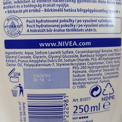 Zadní strana sprchového gelu