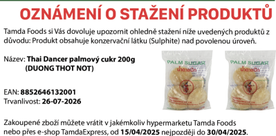 Oznámení o stažení výrobku v prodejnách Tamda Foods