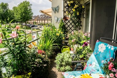Balkon plný rostlin s modrým lehátkem