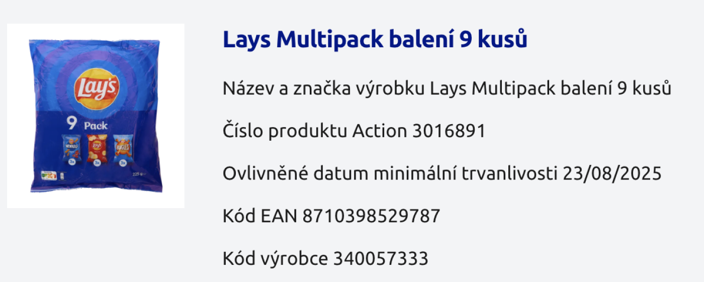 Řetězec Action varuje před multipackem chipsů značky Lay’s, který může obsahovat minerální oleje.