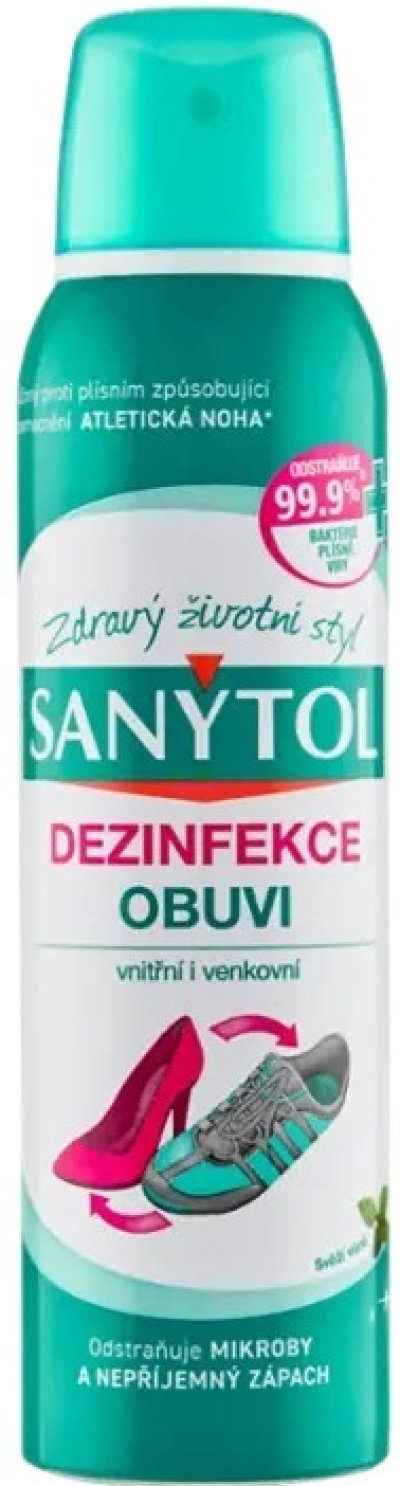 Zeleno-bílý sprej s dezinfekcí do obuvi Sanytol