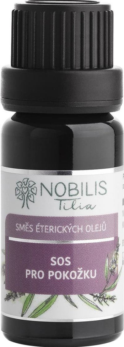 Tmavá lahvička s bílo-růžovou etiketou obsahující směs éterických olejů z levandule a tea tree