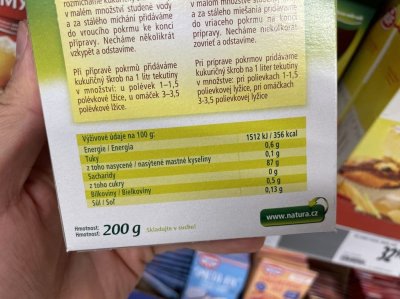 Výživové údaje kukuřičného škrobu