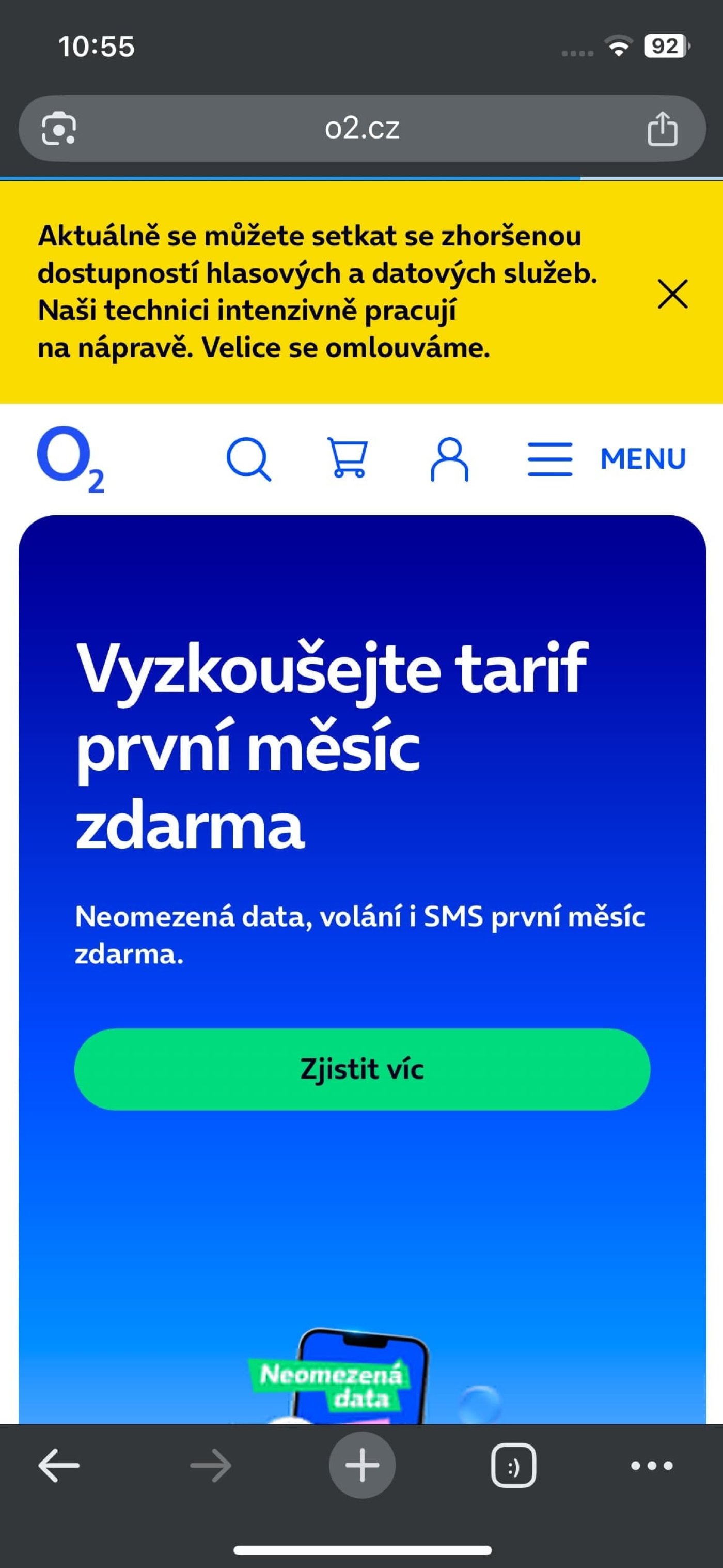 Informace o  nedostupnosti služeb O2