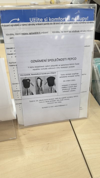 Oznámení o stažení výrobku v prodejnách Pepco