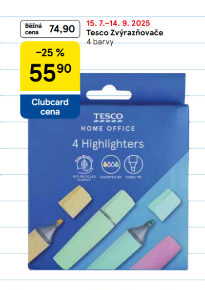 Tesco zvýrazňovače, běžná cena a Clubcard cena