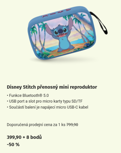 Přenosný mini reproduktor Disney Stitch, informace o produktu