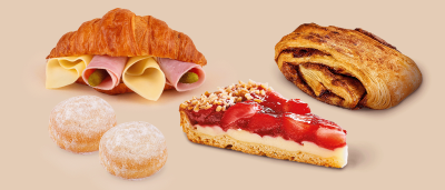 Sladké pečivo a croissant plněný šunkou a sýrem