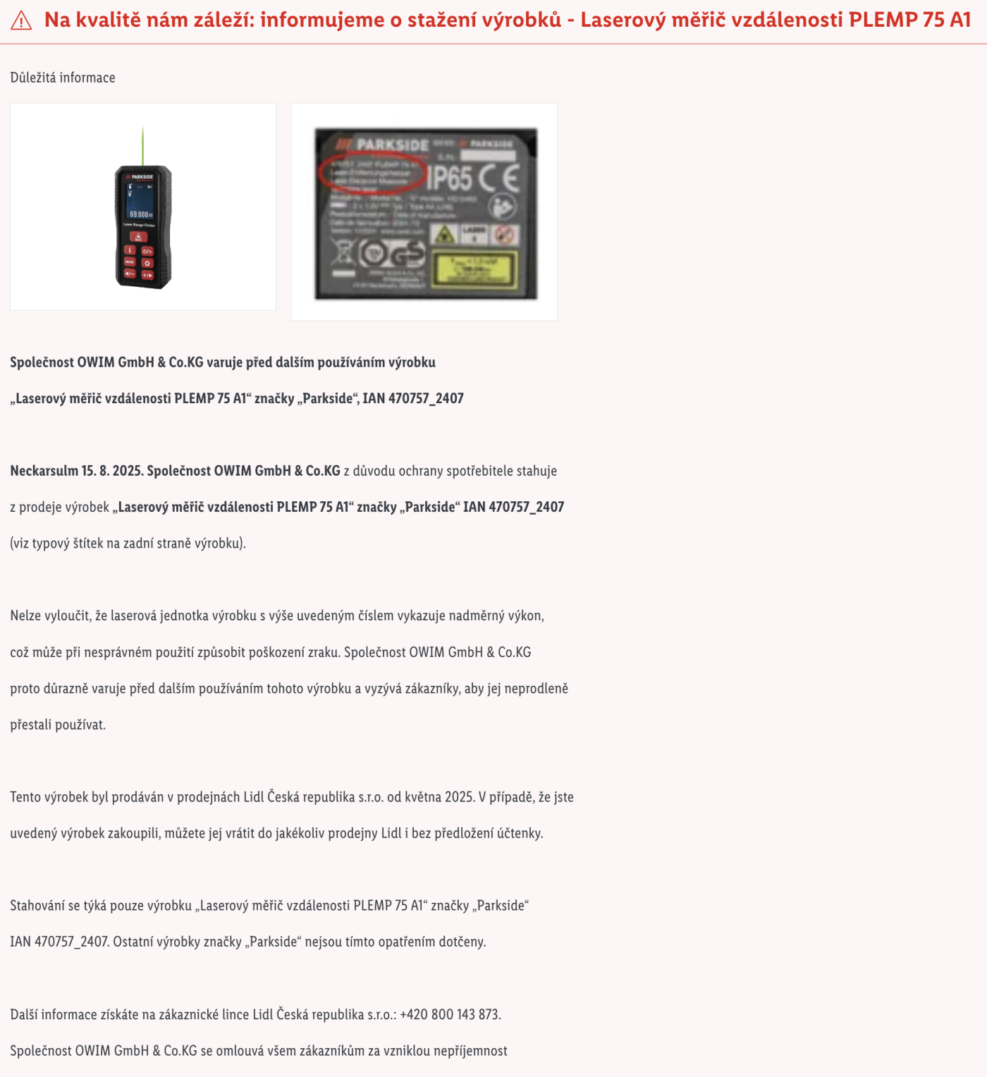 Lidl stahuje laserový měřič Parkside