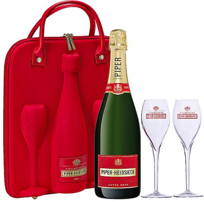 Lahev sektu PIPER-HEIDSIECK - CUVÉE BRUT se skleničkami a balením ve tvaru kabelky