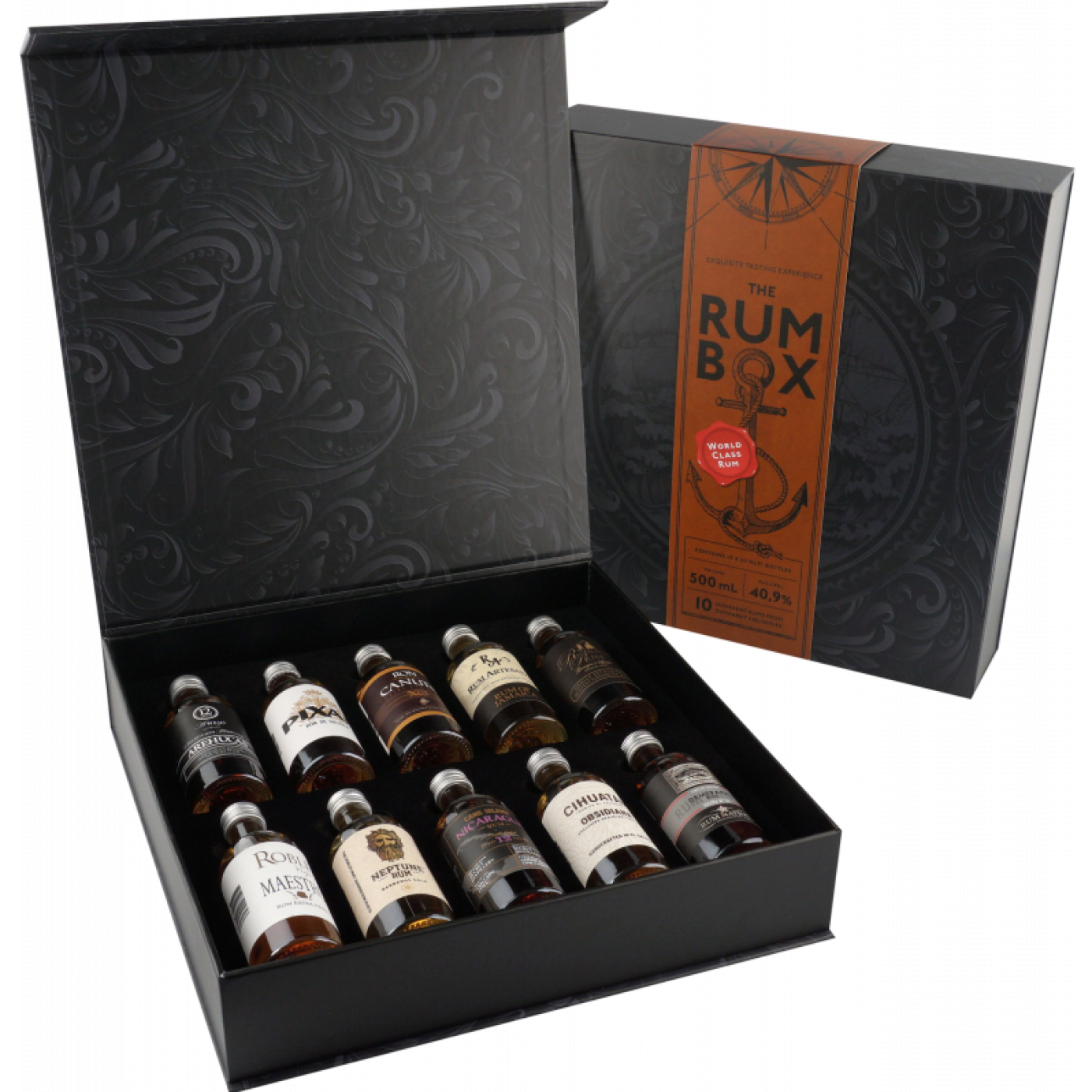 Rum Box je kazeta s 10 různými rumy z 10 různých zemí z celého světa, cena 1 280 Kč