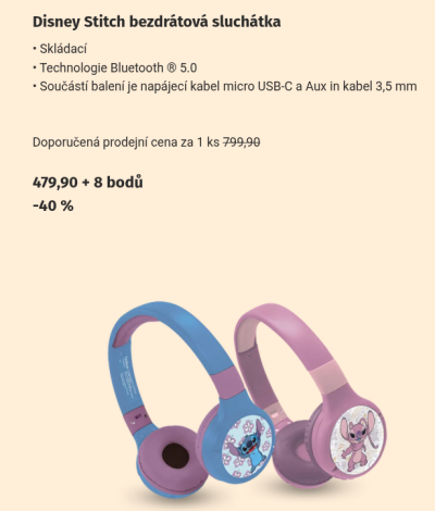 40% sleva na bezdrátová sluchátka Disney Stitch