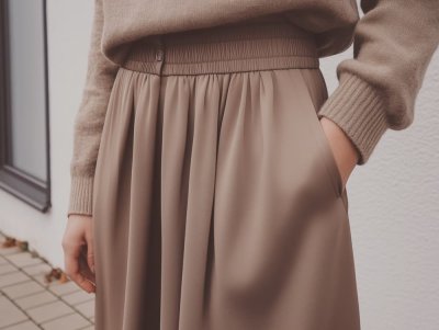 Žena v podzimním outfitu v odstínu Mocha Mousse